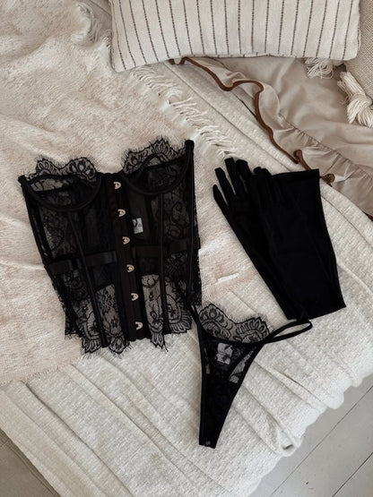 French Retro Lace Bodysuit with Gloves