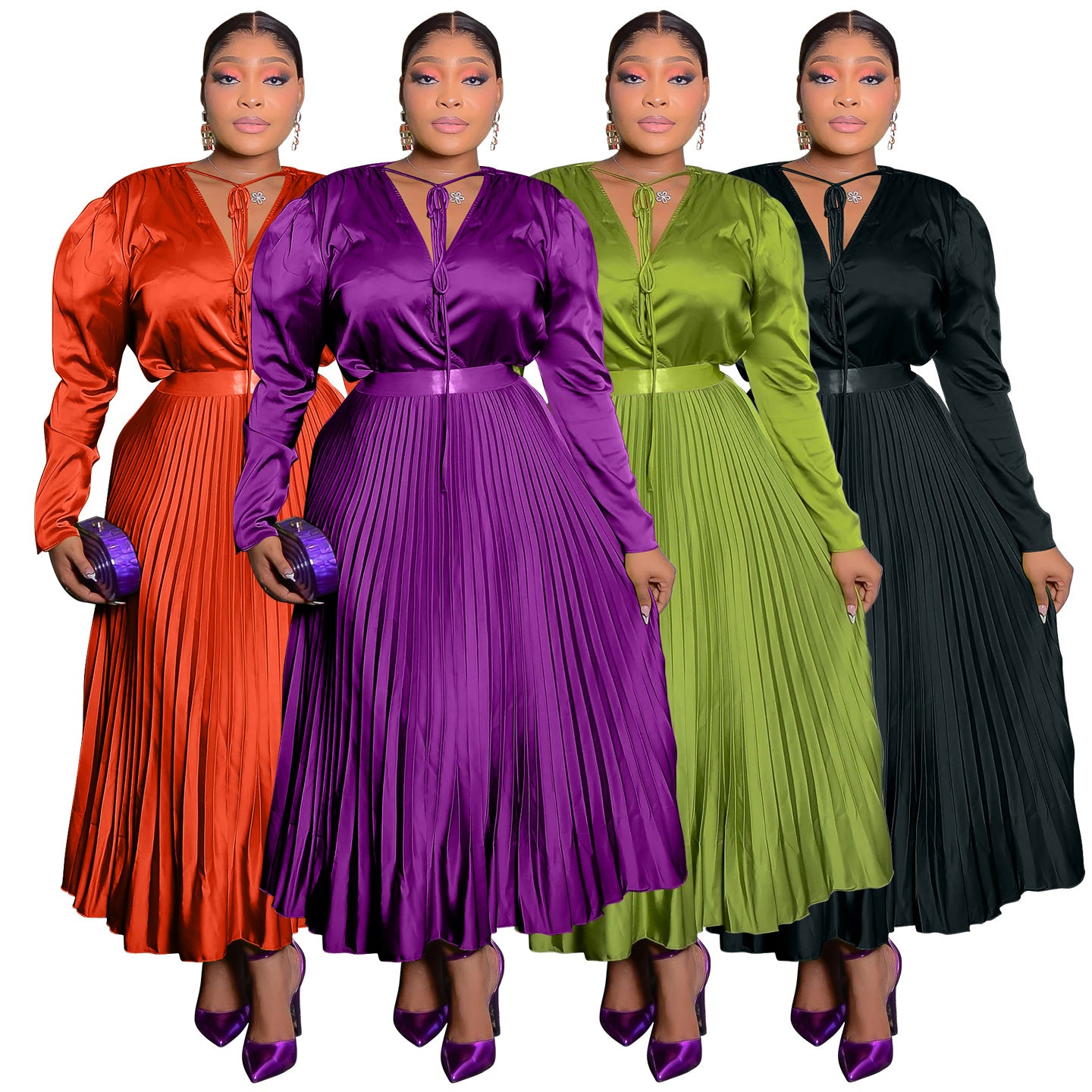 Plus Size Long Sleeve Pleated Skirt Suit with Lace-Up Detail