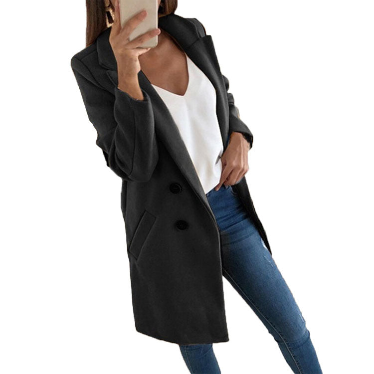 Solid Color Lapel Mid Length Button Wool Coat
