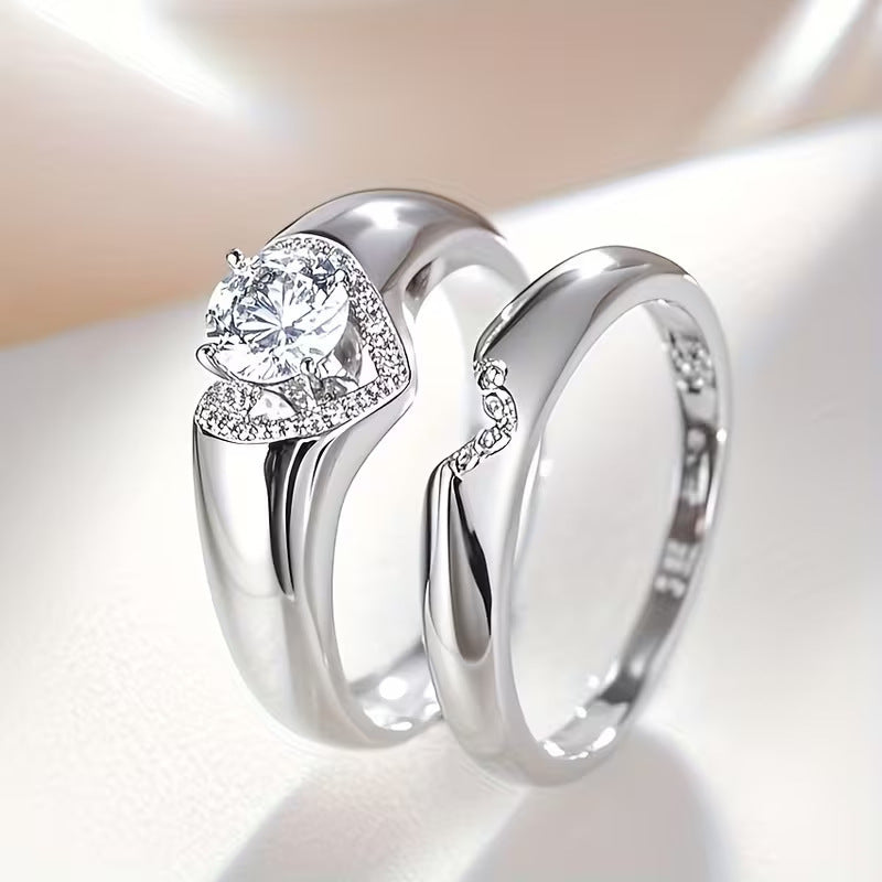 Platinum Plated Heart Shape Couple Rings