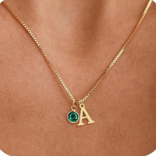 14K Gold Plated Initial Birthstone Necklace Clavicle Chain
