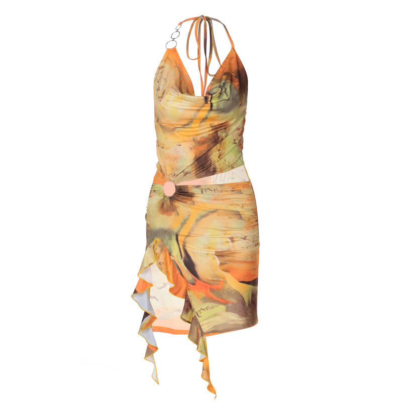 printing sexy backless lace dress