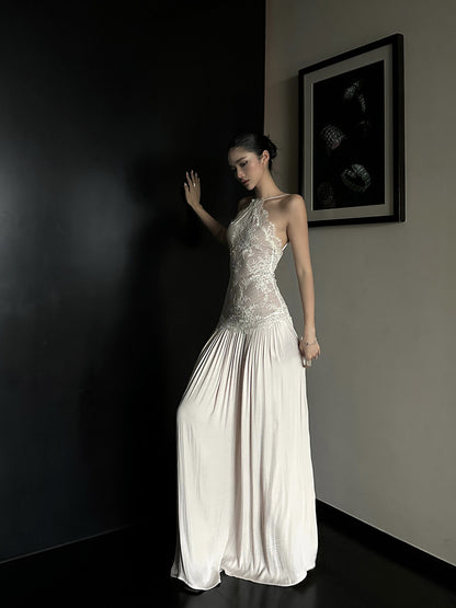 French-Style Lace Patchwork Strapless Long Dress