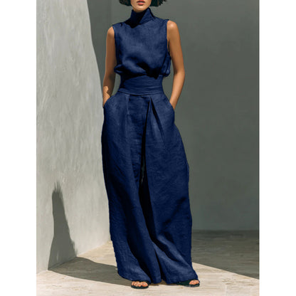 Cotton and Linen Sleeveless Long Pants Casual Set for Women