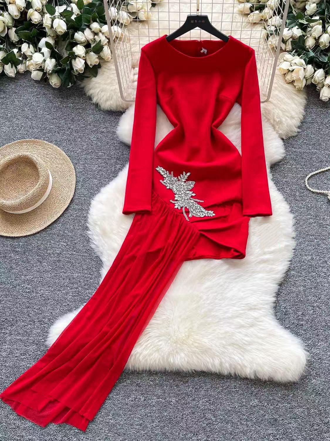 Diamond Rhinestone Slim Fit Long Sleeve Dress