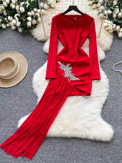 Diamond Rhinestone Slim Fit Long Sleeve Dress