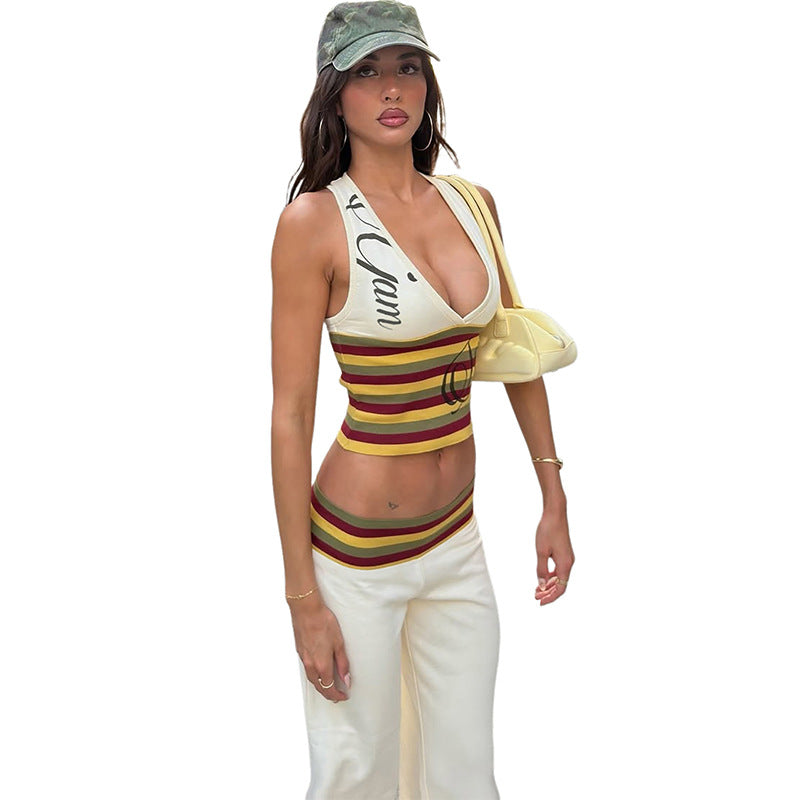 Striped Crop Top and Flared Pants Set