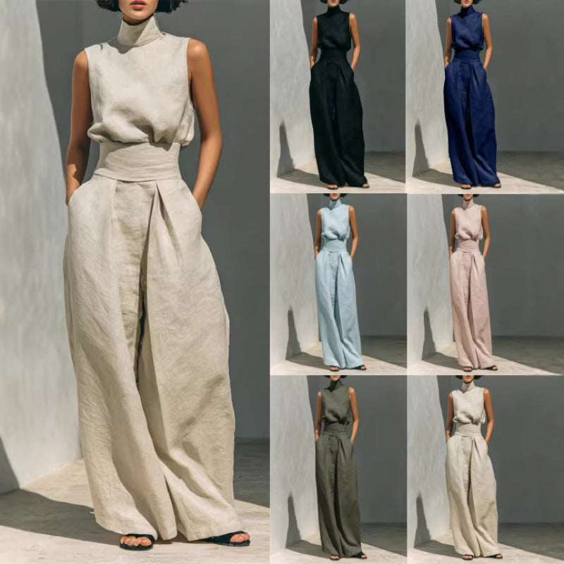Cotton and Linen Sleeveless Long Pants Casual Set for Women