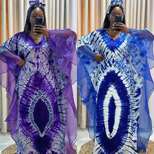African Ethnic Print Mesh Long Dress with Headscarf