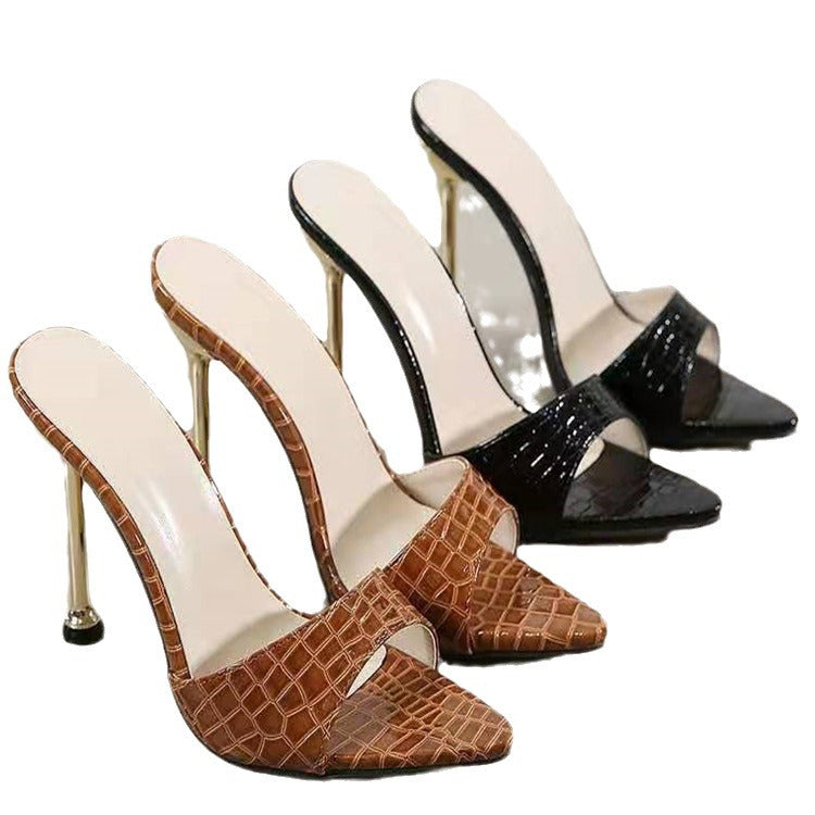 Women Snake Pattern Pointed Toe High Heel Sandals Peep Toe Slippers