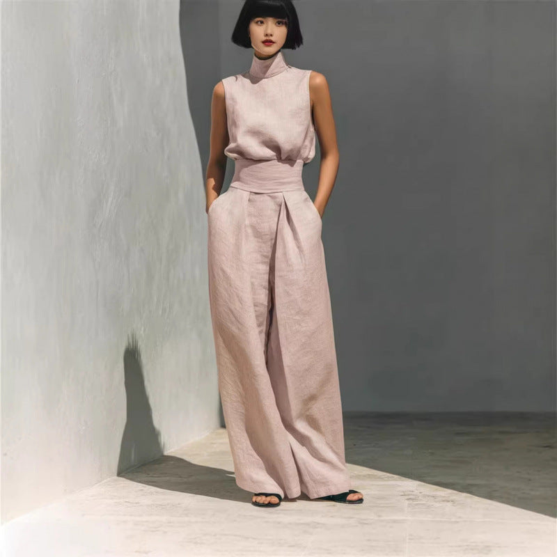 Cotton and Linen Sleeveless Long Pants Casual Set for Women