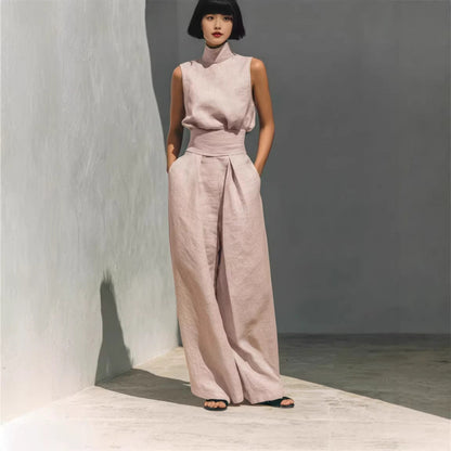 Cotton and Linen Sleeveless Long Pants Casual Set for Women