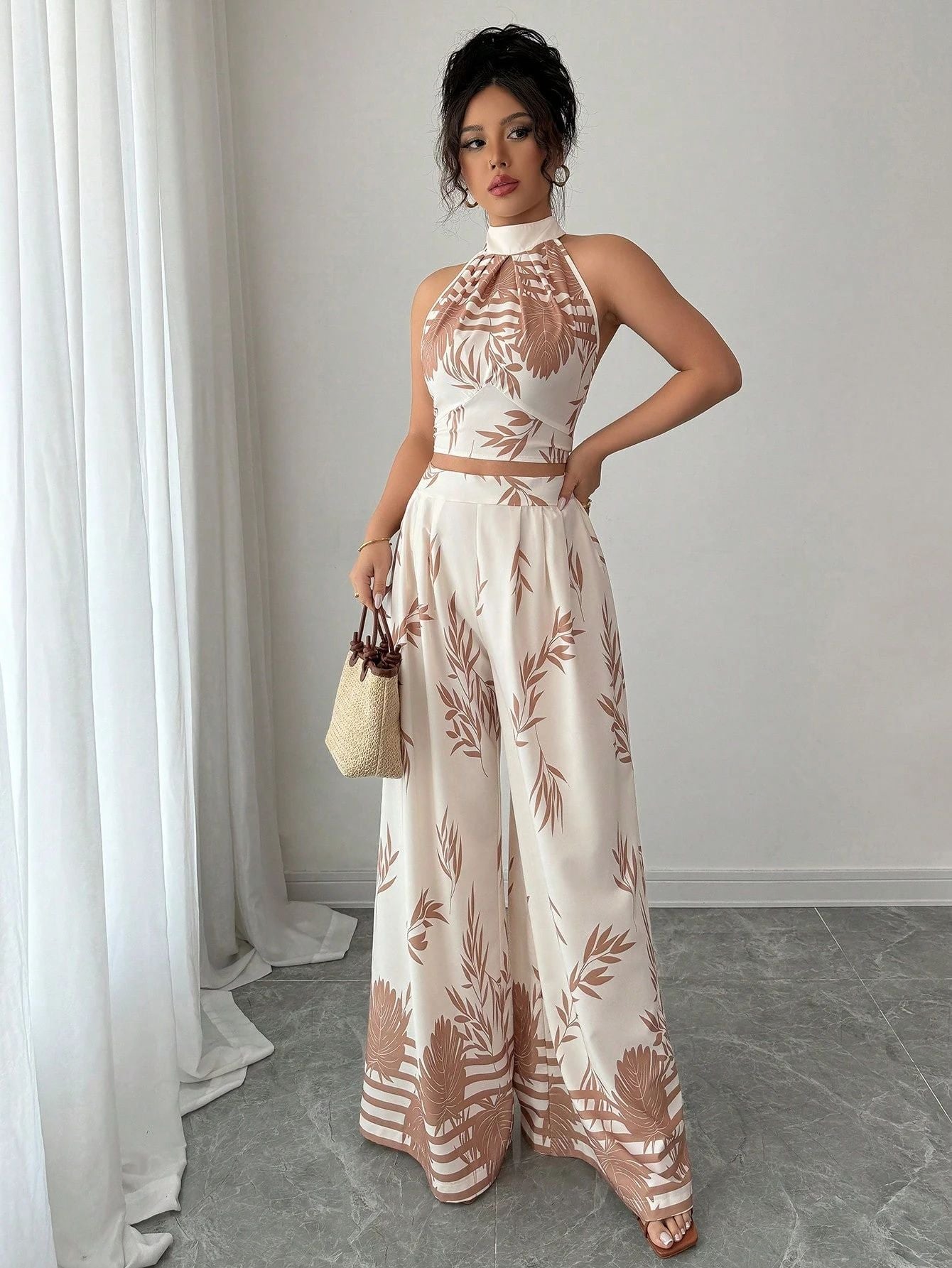 Halter Neck Tank Top and Wide-Leg Pants Set