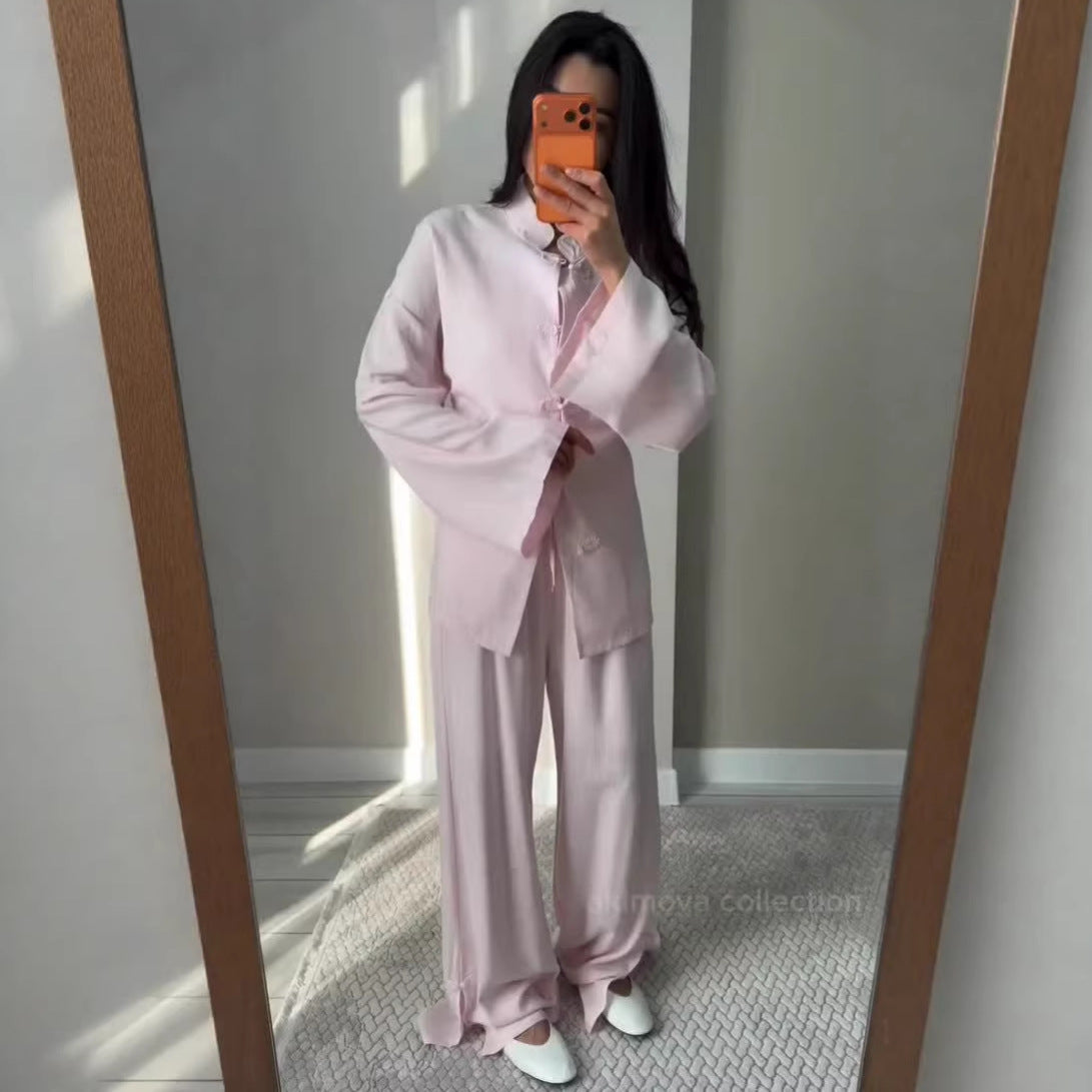 Retro Slim-Fit Long Sleeve Lapel Wide-Leg Pants Set