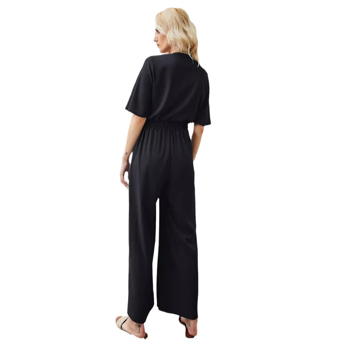 Womens V-Neck Hollow Wide Leg Jumpsuit