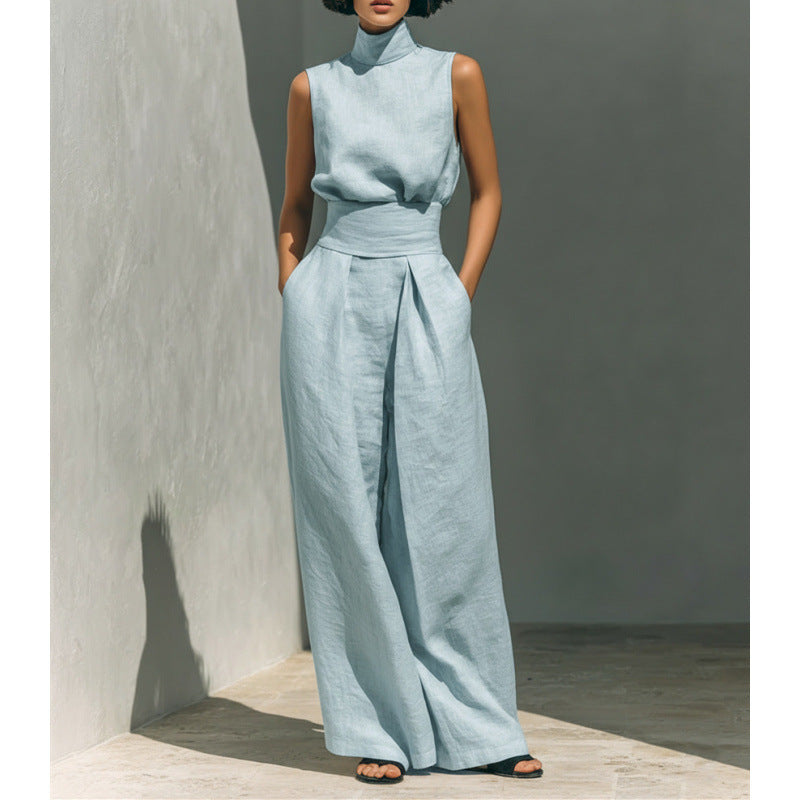 Cotton and Linen Sleeveless Long Pants Casual Set for Women