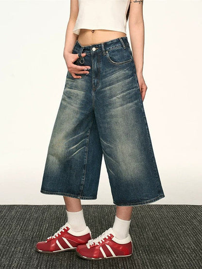Vintage Washed Denim Wide-Leg Cropped Pants Drip Depot