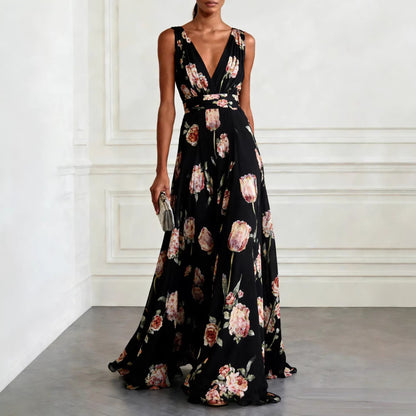 Floral Print V-Neck Sleeveless Long Dress