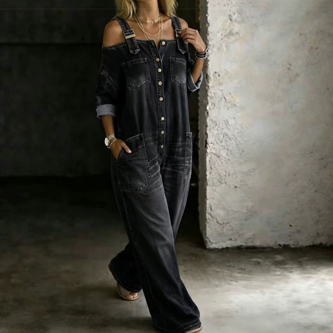 Off-Shoulder Denim Wide-Leg Jumpsuit