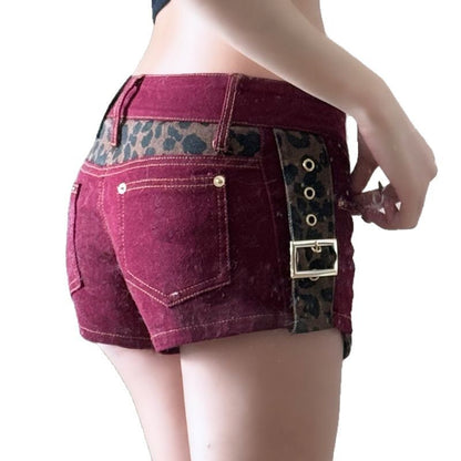 Low Waist Denim Shorts with Leopard Print
