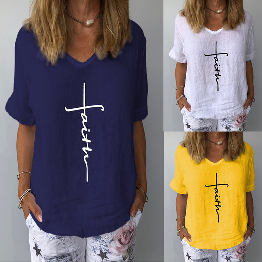 Short Sleeve Printed Cotton Linen Shirt