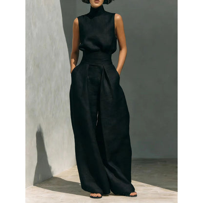Cotton and Linen Sleeveless Long Pants Casual Set for Women