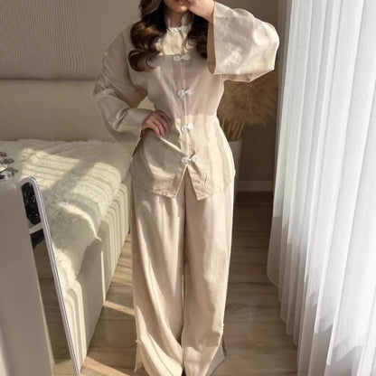 Retro Slim-Fit Long Sleeve Lapel Wide-Leg Pants Set