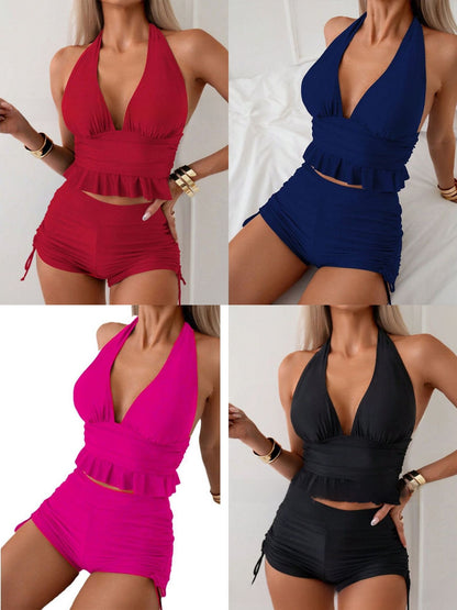 Solid-color sexy ruffled swimsuit