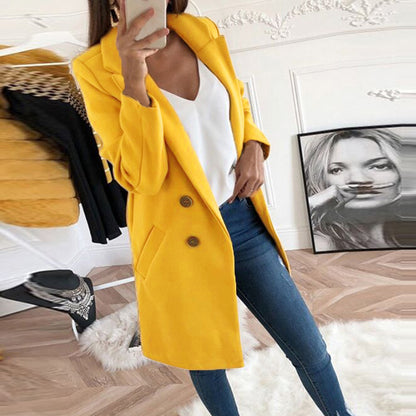 Solid Color Lapel Mid Length Button Wool Coat