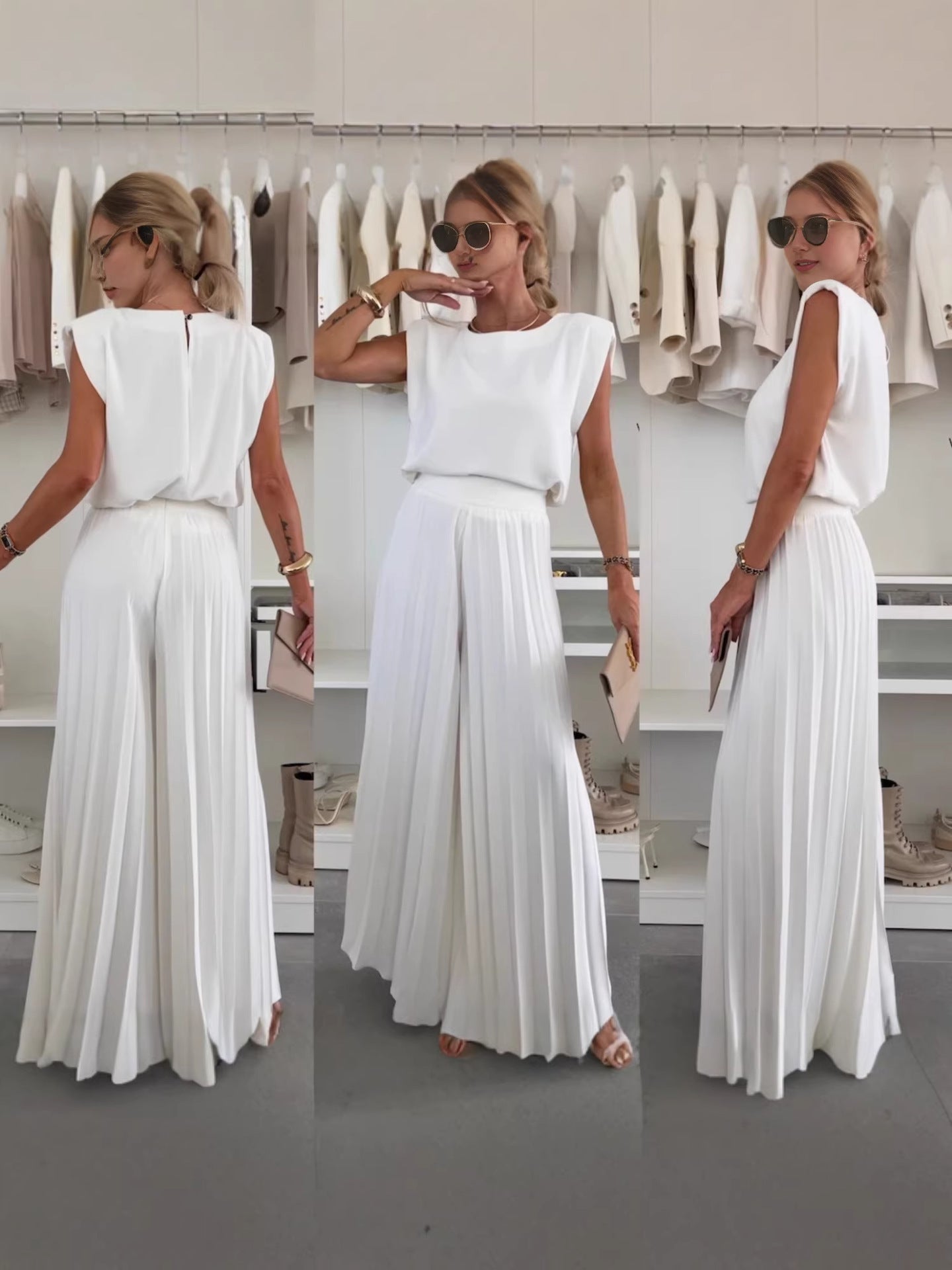 Round Neck Sleeveless Top and Wide Leg Pants Two-Piece Set