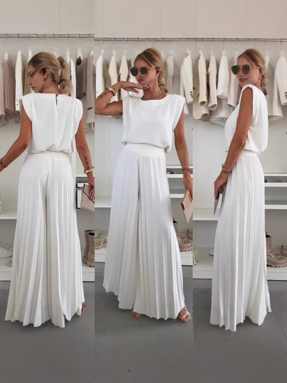 Round Neck Sleeveless Top and Wide Leg Pants Two-Piece Set