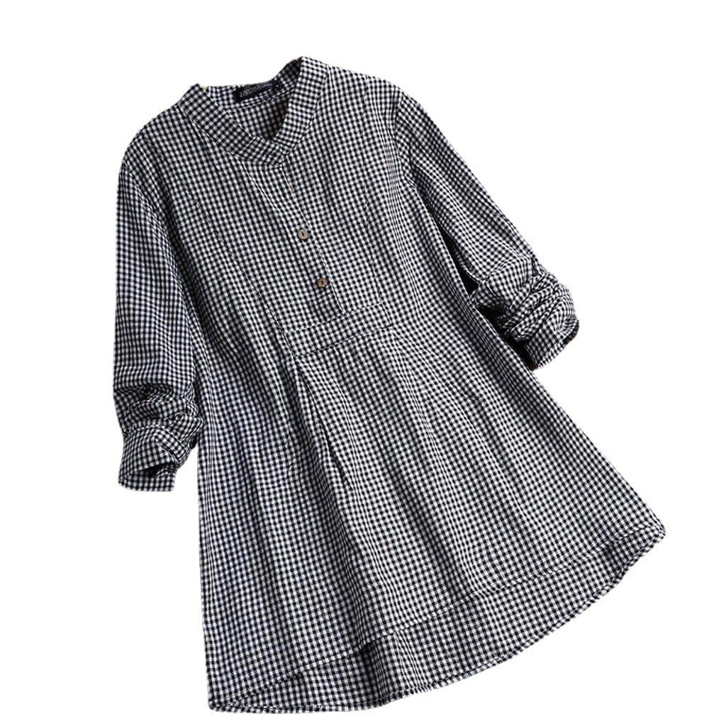 Plaid Stand Collar Pullover Shirt Long Sleeve  Top