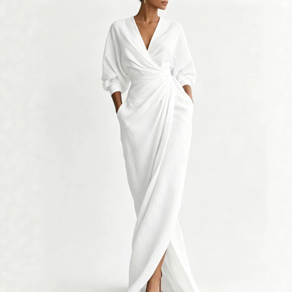 Solid Color V-Neck Long Sleeve Dress