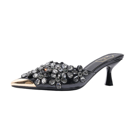 Beaded Pointed Toe High Heel Slippers