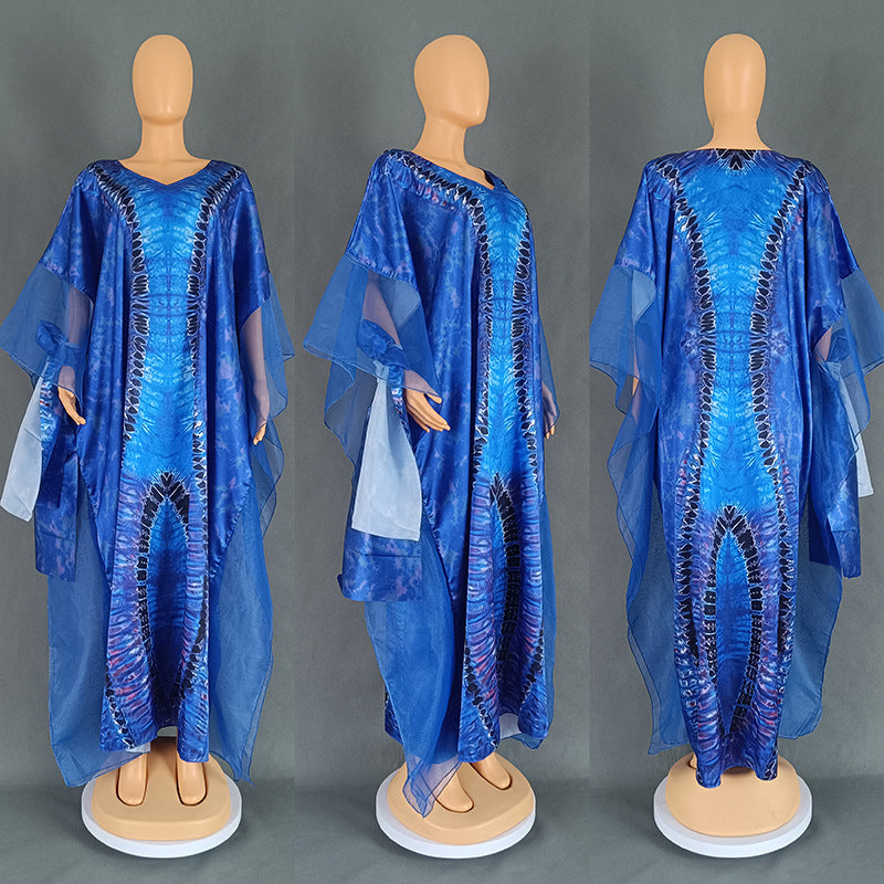 African Ethnic Print Mesh Long Dress with Headscarf