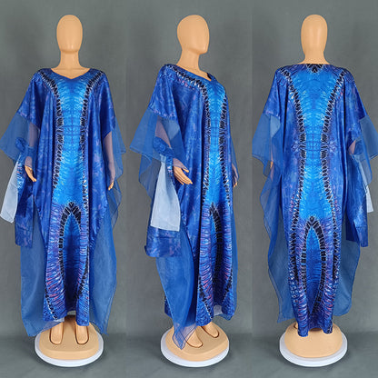 African Ethnic Print Mesh Long Dress with Headscarf