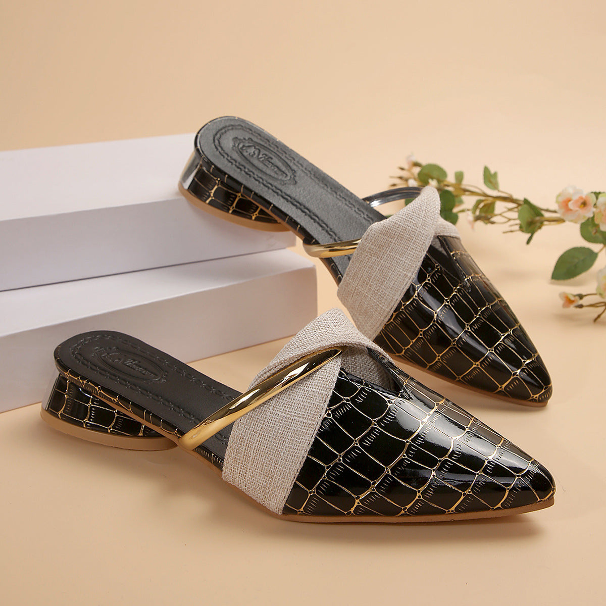Womens Pointed Toe V-Mouth Slippers with Thick Heel