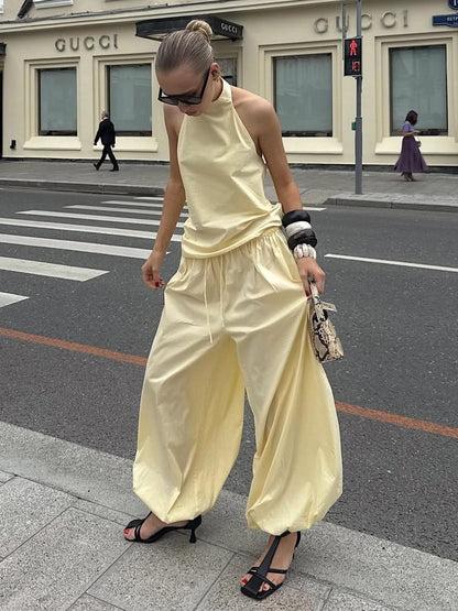 Sleeveless Halter Neck Top and Lantern Pants Set