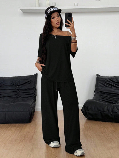 Off-Shoulder Wide-Leg Pants Set