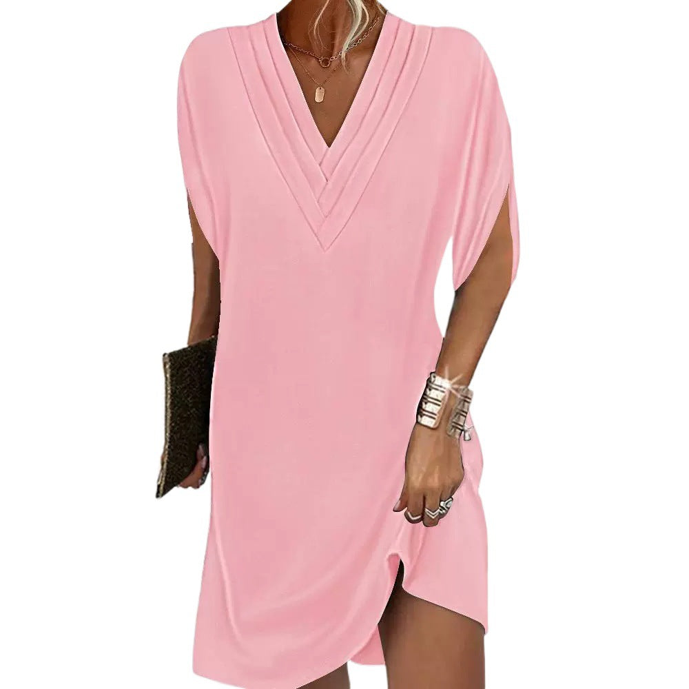 Womens V Neck Bat Sleeve Pleated Dress