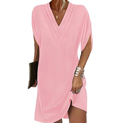 Womens V Neck Bat Sleeve Pleated Dress