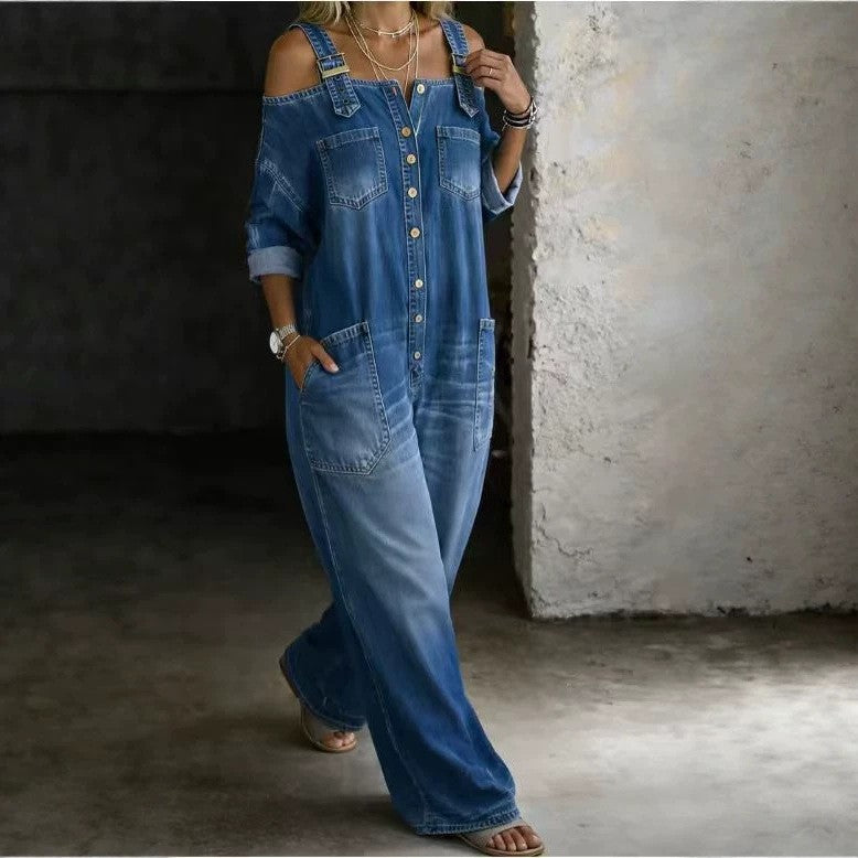 Off-Shoulder Denim Wide-Leg Jumpsuit