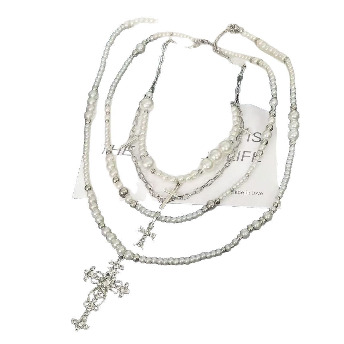 Cross Stacked Pearl Necklace  Long Layered Alloy Clavicle Chain Jewelry