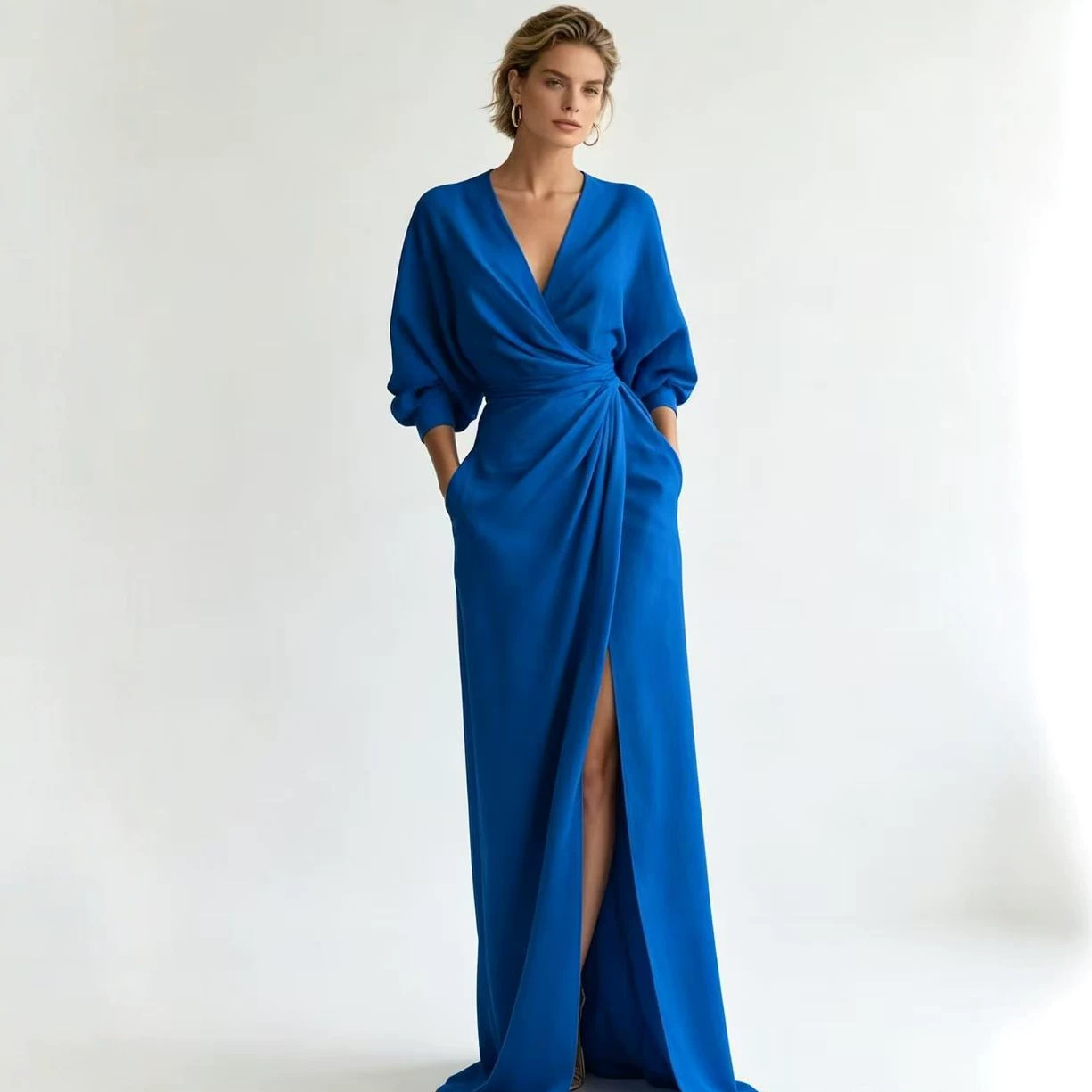 Solid Color V-Neck Long Sleeve Dress