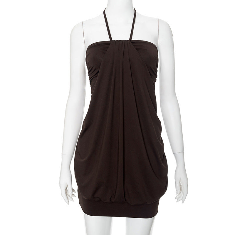 Solid Color Suspender Backless Dress