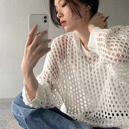 Hollow Loose Knitwear Mesh Round Neck Tops