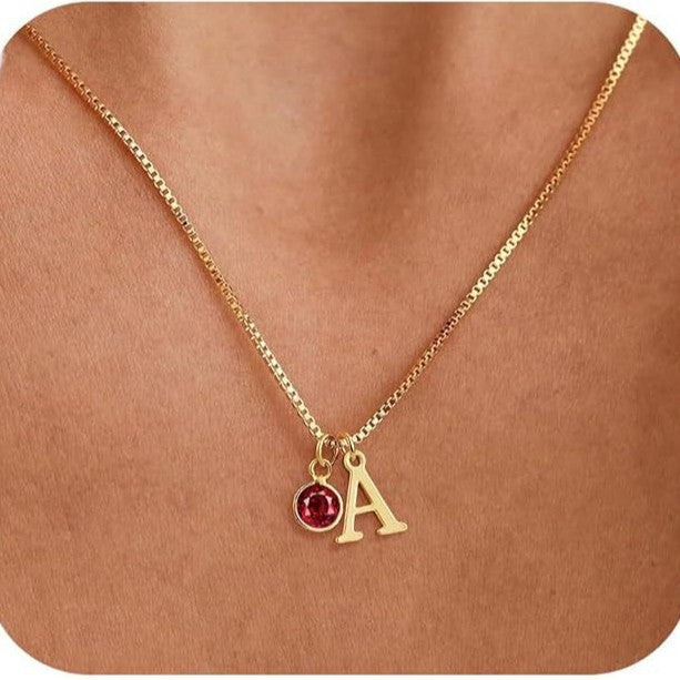 14K Gold Plated Initial Birthstone Necklace Clavicle Chain