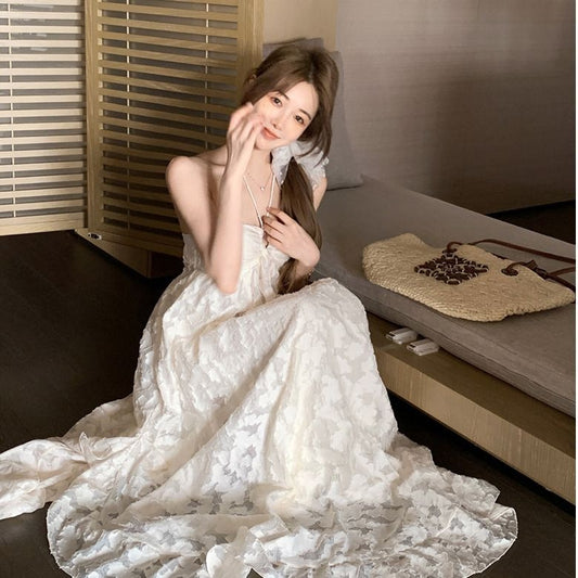 Backless Jacquard Midi Dress with Chest Pad