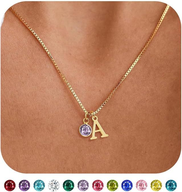 14K Gold Plated Initial Birthstone Necklace Clavicle Chain