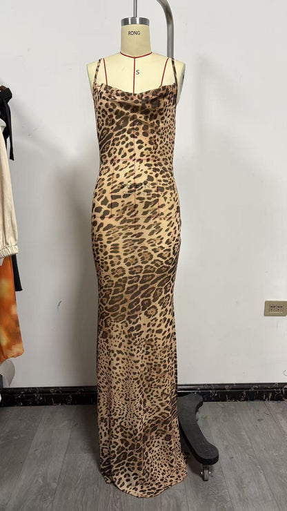 Women's Leopard Print Open Back Long Dress Drip Depot
